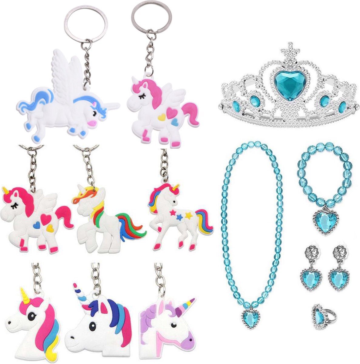 Traktatie Uitdeelcadeautjes Kinderen-8 x Unicorn Sleutelhanger + Kroon + Juwelen - Cadeautjes - Klein Speelgoed - Blauw