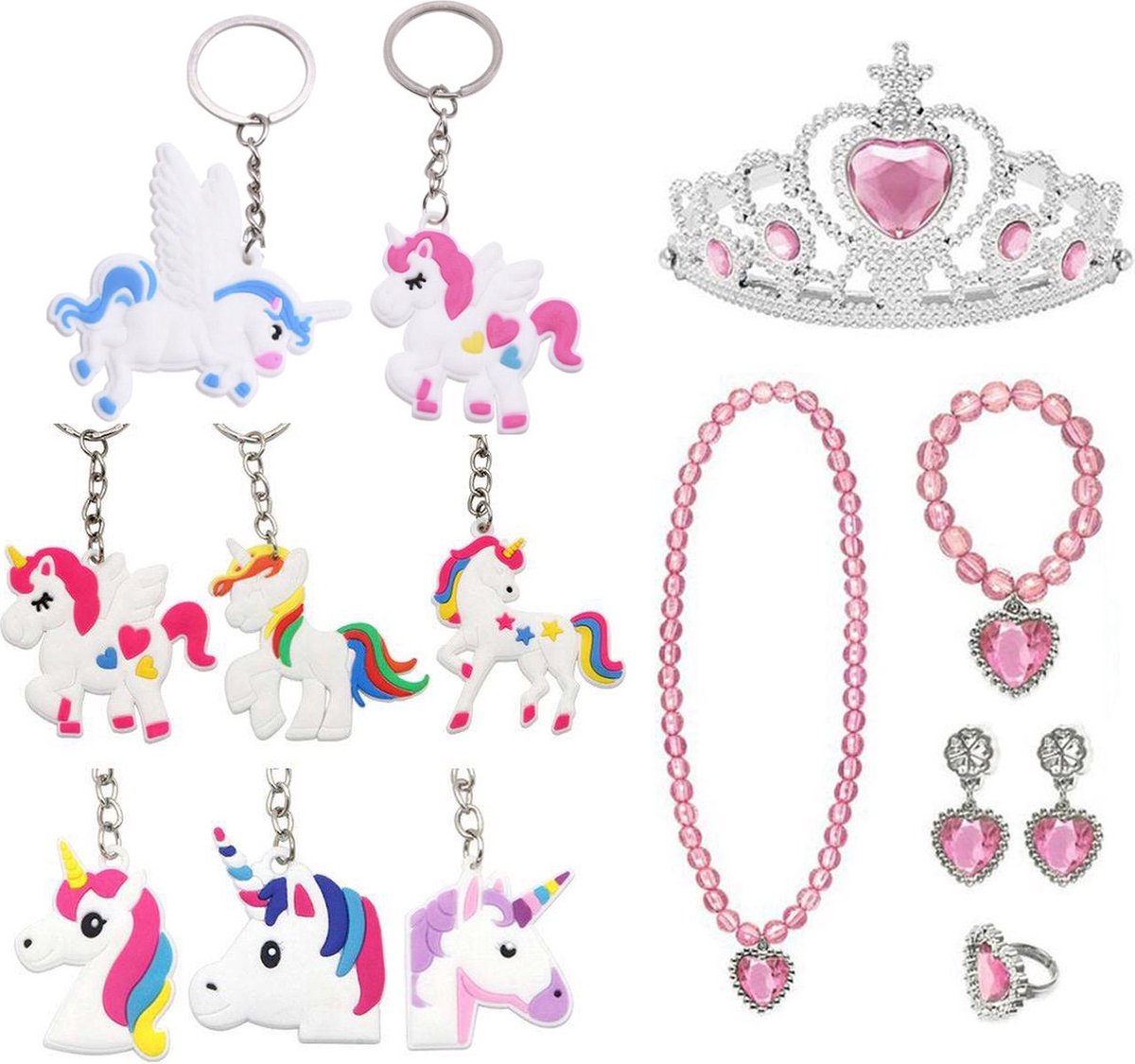 Traktatie Uitdeelcadeautjes Kinderen-8 x Unicorn Sleutelhanger + Kroon + Juwelen - Cadeautjes - Klein Speelgoed - Roze