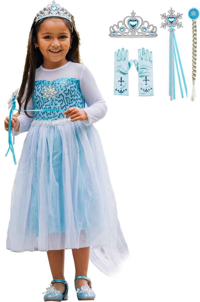 Verkleedkleren meisje - Frozen - Elsa jurk - blauwe prinsessenjurk-  maat 128/134 (140) - prinsessen verkleedkleding - kroon - toverstaf - Elsa vlecht - handschoenen