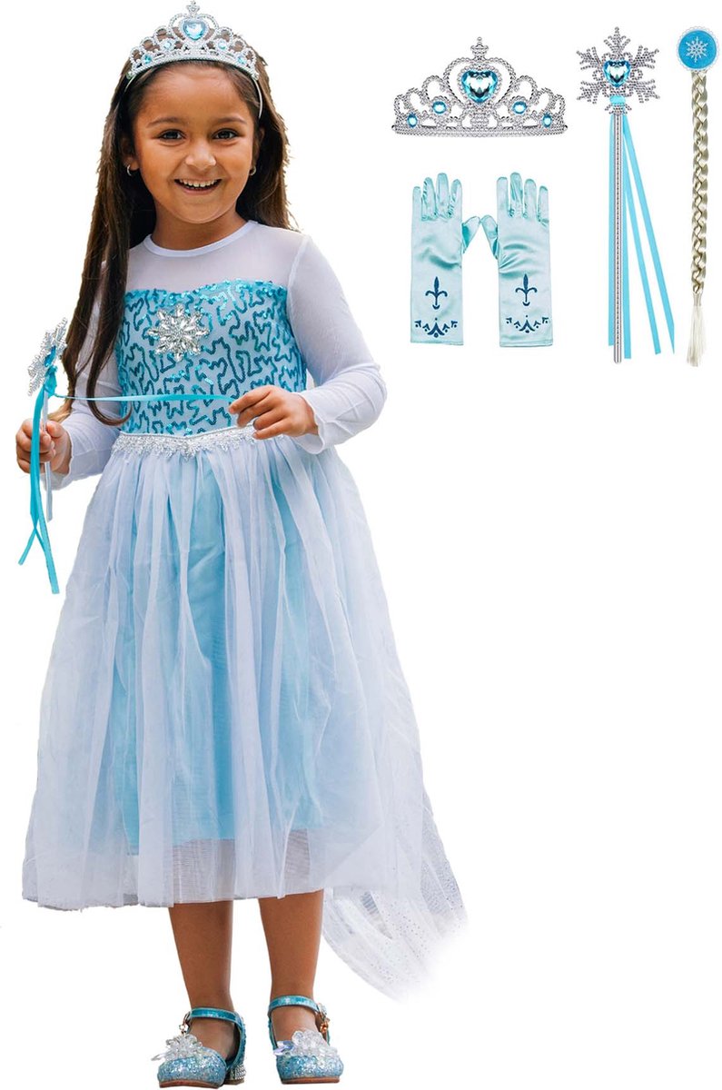 Verkleedkleren meisje - Frozen - Elsa jurk - blauwe prinsessenjurk-  maat 98 (100) - prinsessen verkleedkleding - kroon - toverstaf - Elsa vlecht - handschoenen