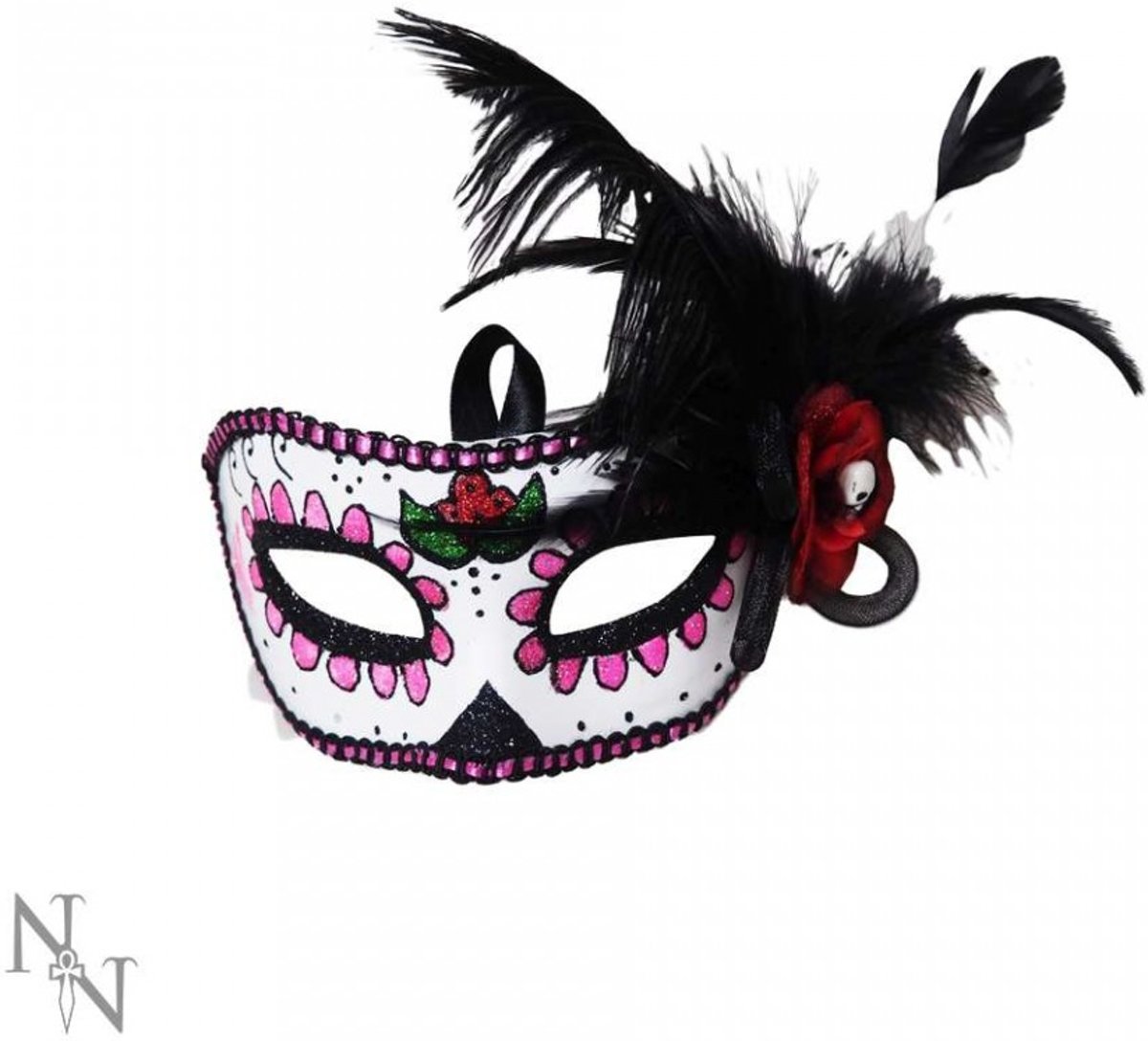 Feest masker Featherd Phantom kunststof masker met zwarte veren en rode roos