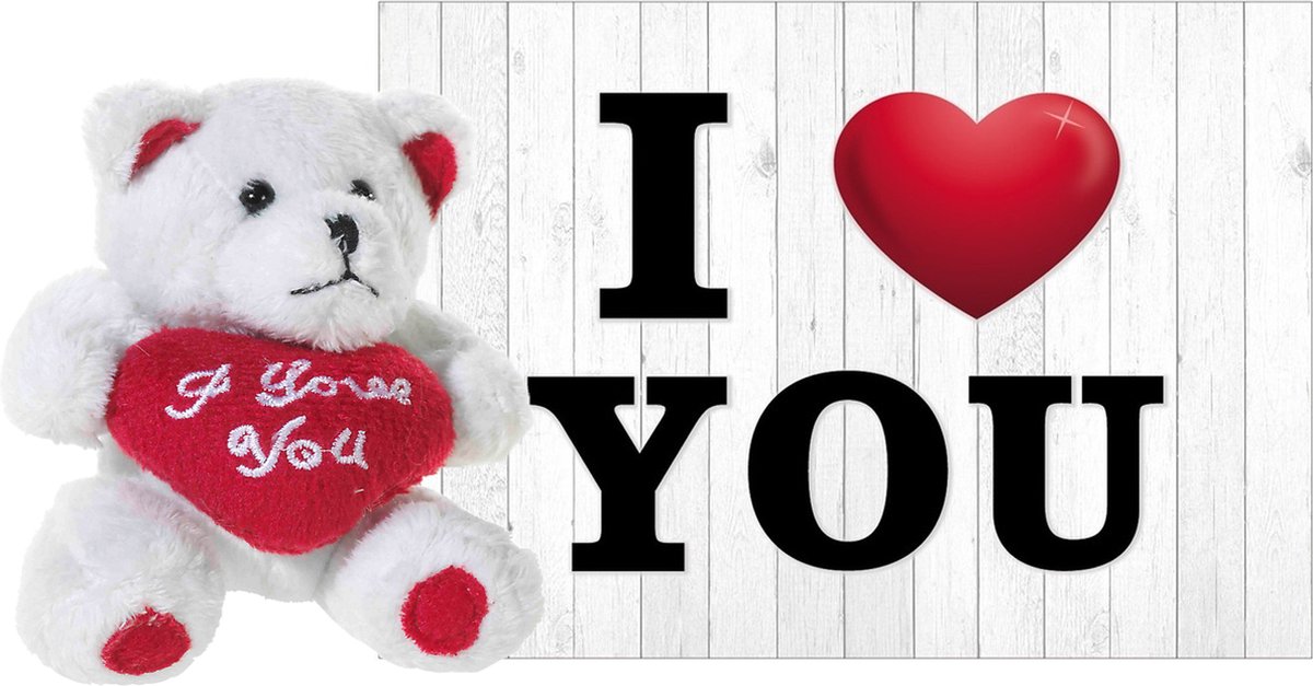 Heunec Knuffelbeer Valentijn I Love You beertje - 10 cm - met Love You wenskaart