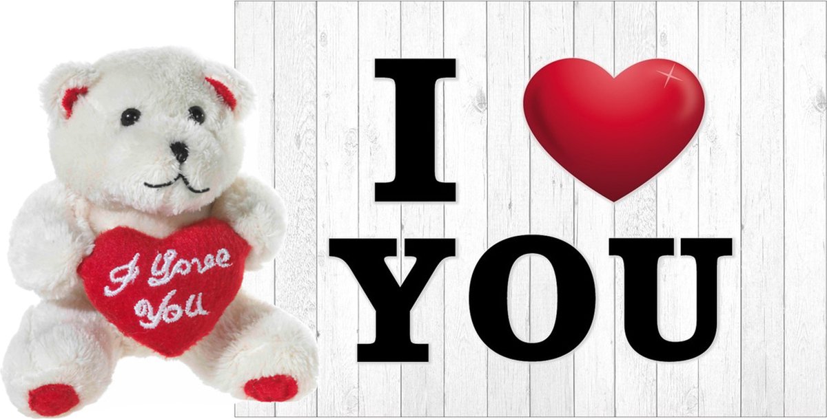 Heunec Knuffelbeer Valentijn I Love You beertje - 10 cm - met Love You wenskaart