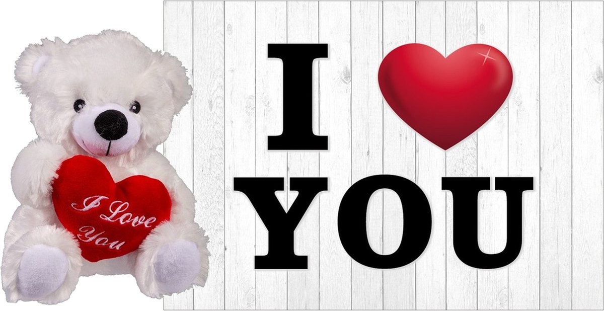 Heunec Knuffelbeer Valentijn I Love You beertje - 22 cm - met Love You wenskaart