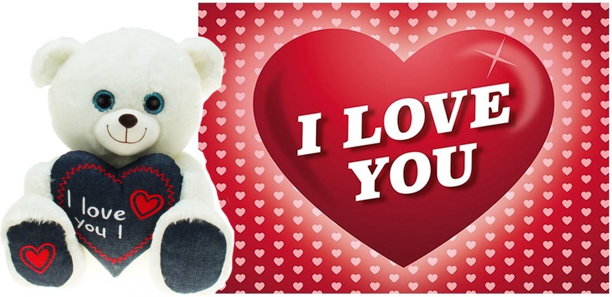 Heunec Knuffelbeer Valentijn I Love You beertje - 25 cm - met Love You wenskaart