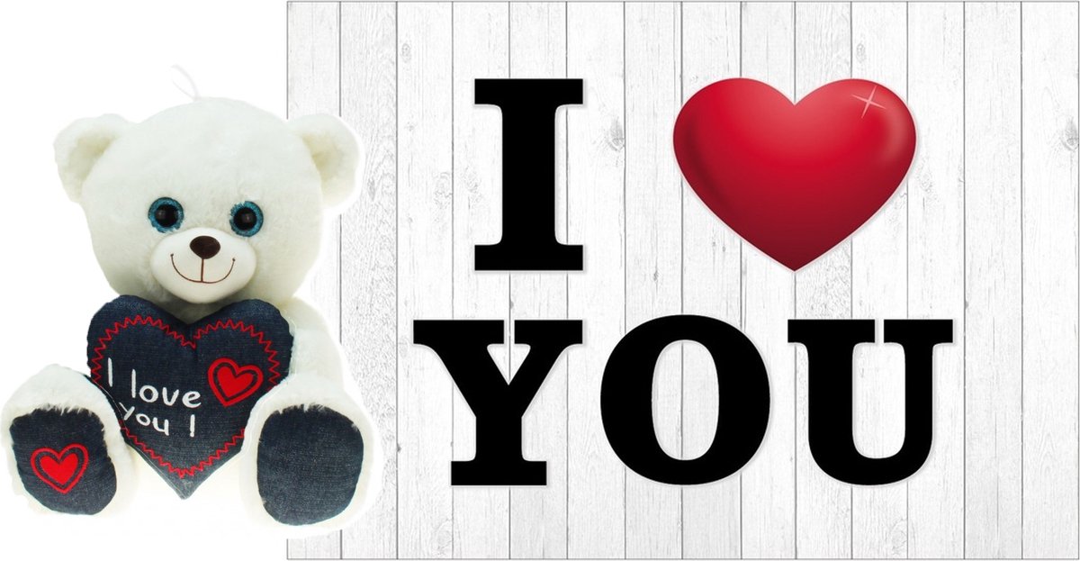 Heunec Knuffelbeer Valentijn I Love You beertje - 25 cm - met Love You wenskaart