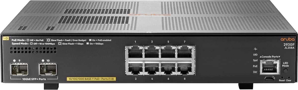 Hewlett Packard Enterprise Aruba 2930F 8G PoE+ 2SFP+ Managed network switch L3 Gigabit Ethernet (10/100/1000) Power over Ethernet (PoE) 1U Grijs