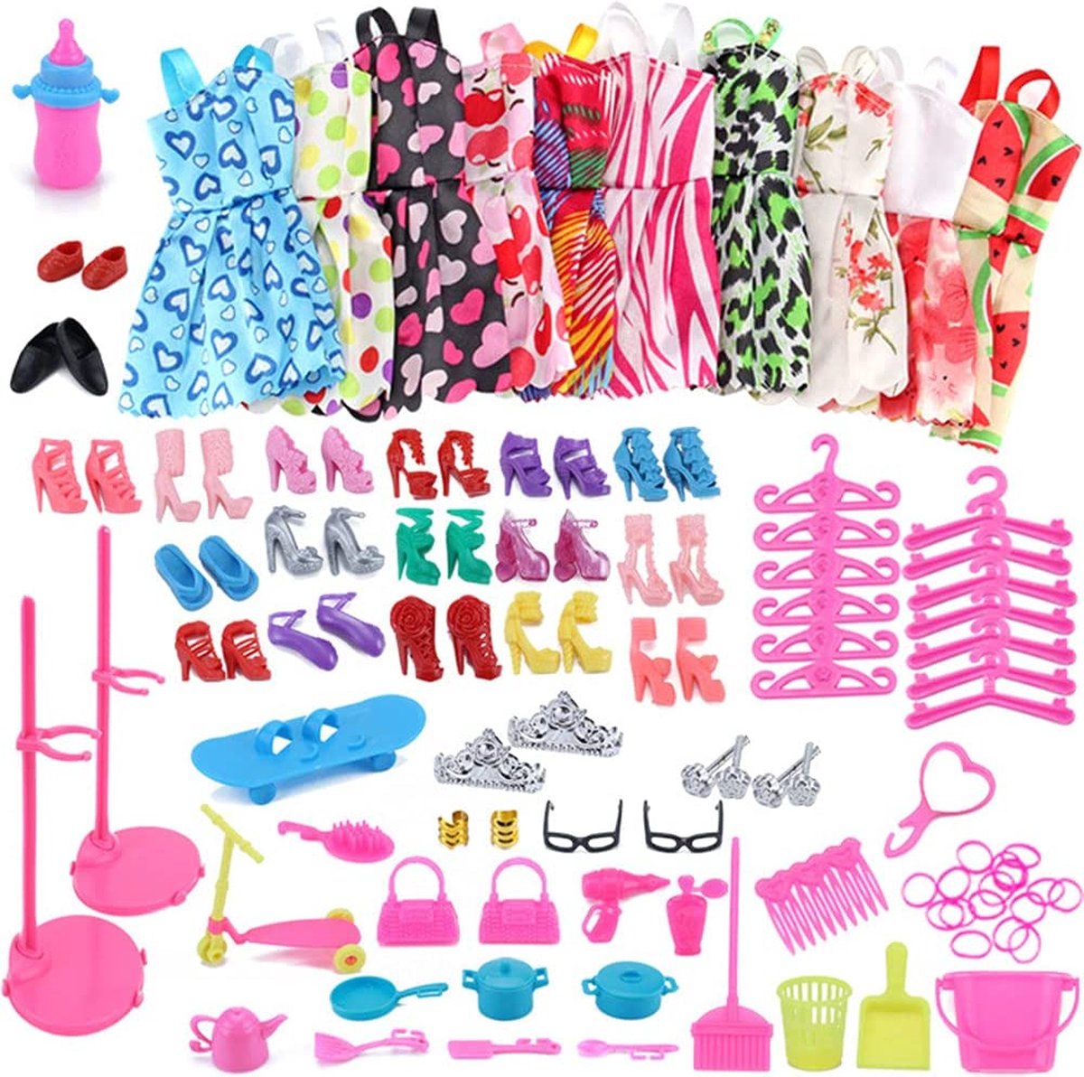 Heyijia Pop Accessoires Set, 108 Stuks Pop Accessoires Inclusief 10 Rokken 18 Paar Schoenen 2 Handtassen 78 Speelgoed Accessoires, Geschikt voor Meisjes Poppen