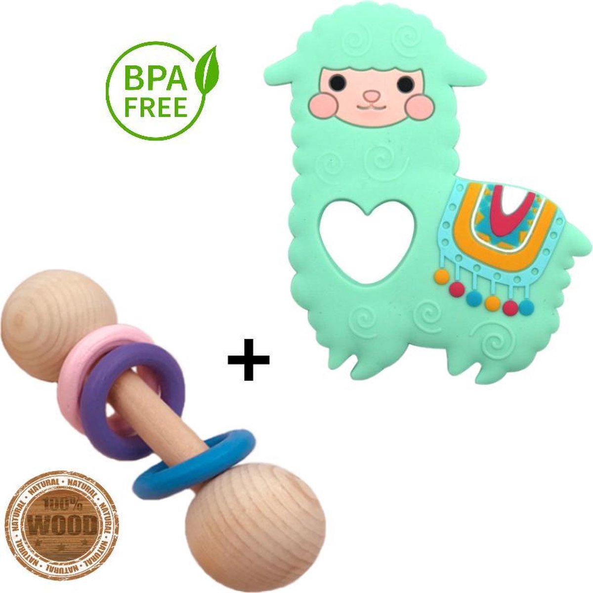 Baby bijtring met een rammelaar - Lama bijtspeelgoed - 100% BPA vrij zacht en sterk siliconen - Babyspeeltje