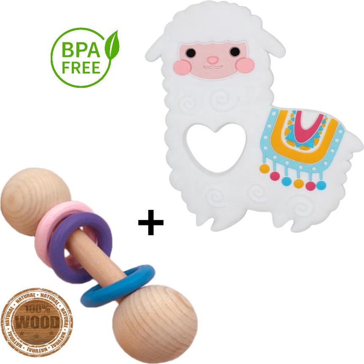 Baby bijtring met een rammelaar - Lama bijtspeelgoed - 100% BPA vrij zacht en sterk siliconen - Babyspeeltje