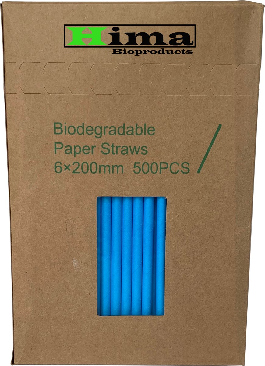 Papieren rietjes 6x197mm blauw, verpakt per 500 stuks in dispenserdoos