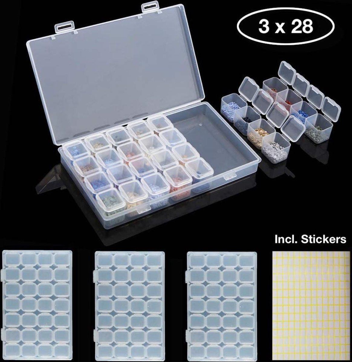 Diamond Painting Volwassenen Diamond Painting Accesoires  Pakket Volledig - 3 x 28 Delig Opbergdoos Sorteerdoos - Opvangbakjes & Stickervellen - Diamond Painting Pen - Hobbypainting.nl®