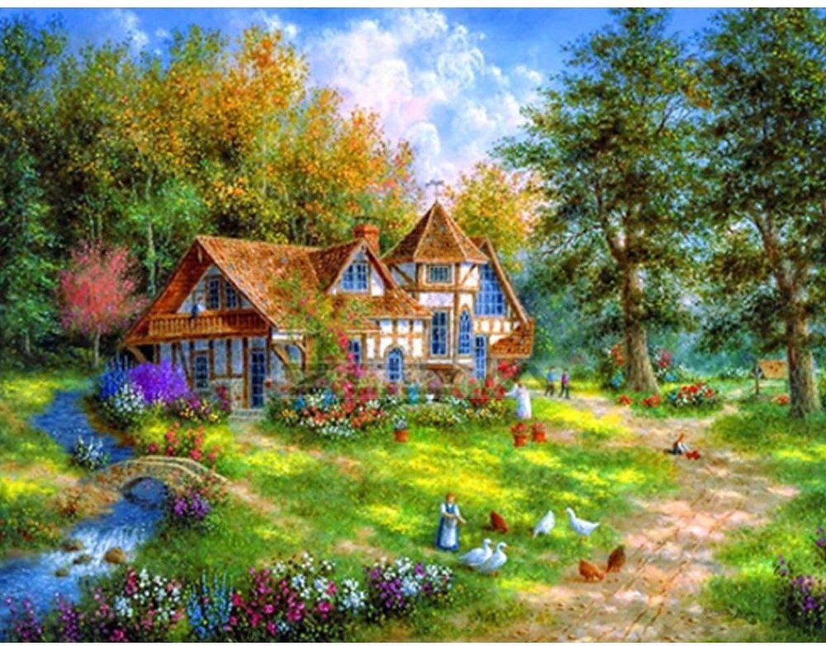 Diamond Painting Volwassenen Huis Villa 30x40 Pakket – Extra Diamond Painting Accesoires – Acryl Vierkante 5D Steentjes – Landschap Natuur – Puzzel Hobby Pakket Hobbypainting.nl®