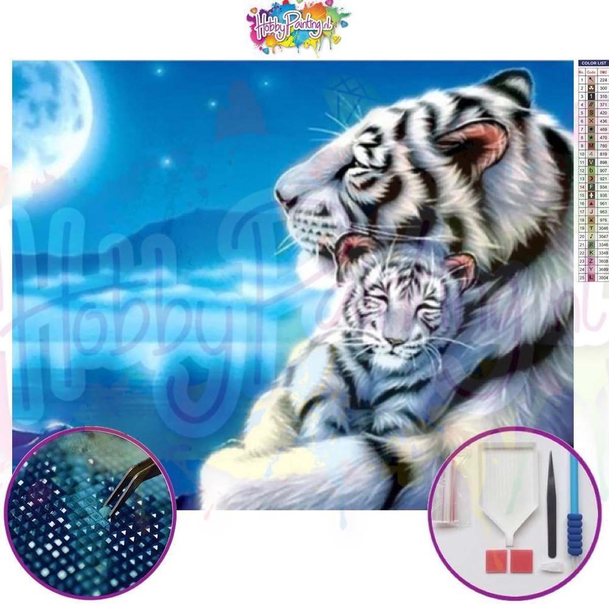 Diamond Painting Volwassenen Tijger Maan Dieren 30 x 40 Premium Pakket - 5D Puzzel Acryl Vierkant - Dieren Landschap Natuur – DiamondPainting Hobby - Wand Decoratie Schilderij – Hobbypainting.nl™