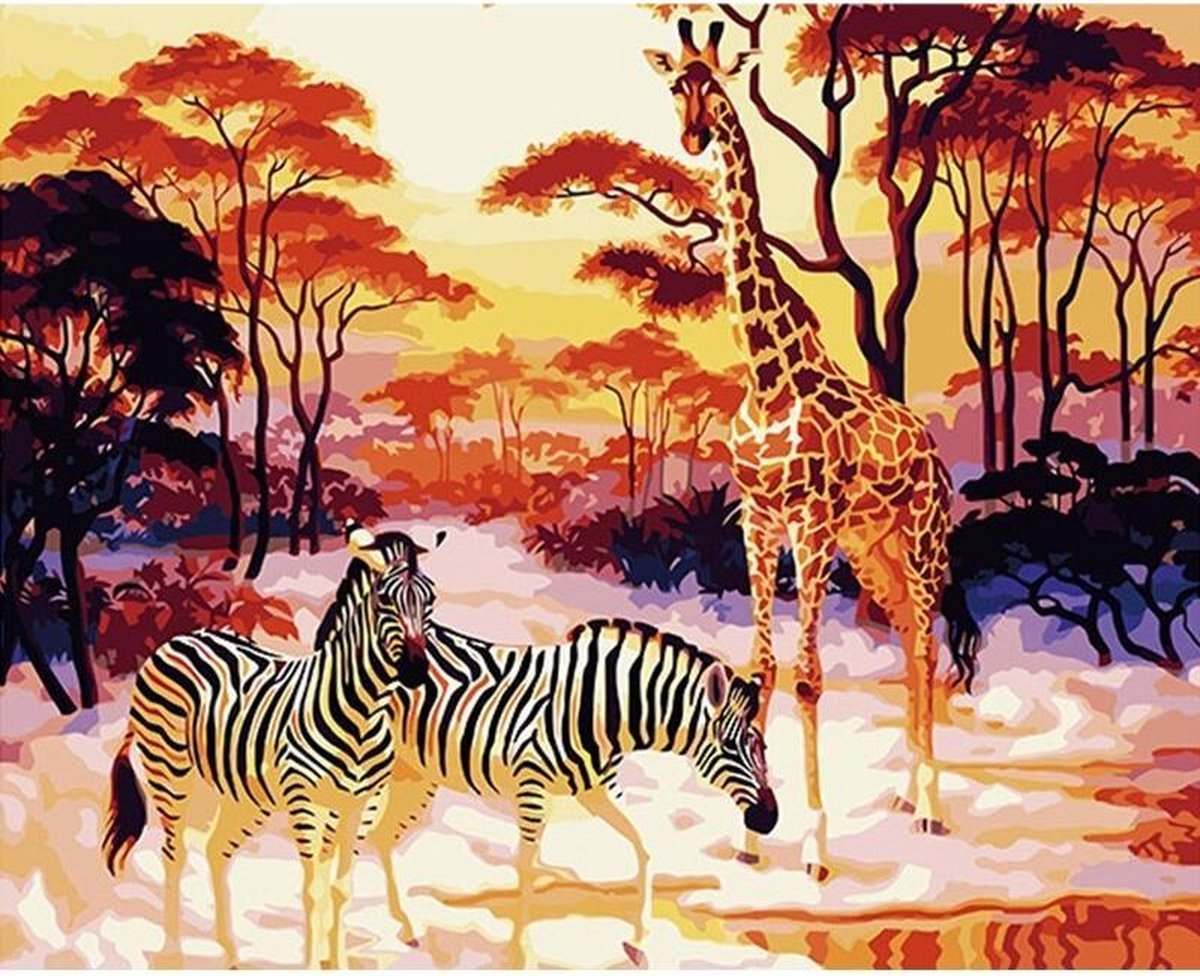 Schilderen op Nummer Safari Zebra Giraffe 40x50 op Frame Volwassenen & Kinderen - Kleuren op Nummer - Paint by Number - Hobbypainting.nl®