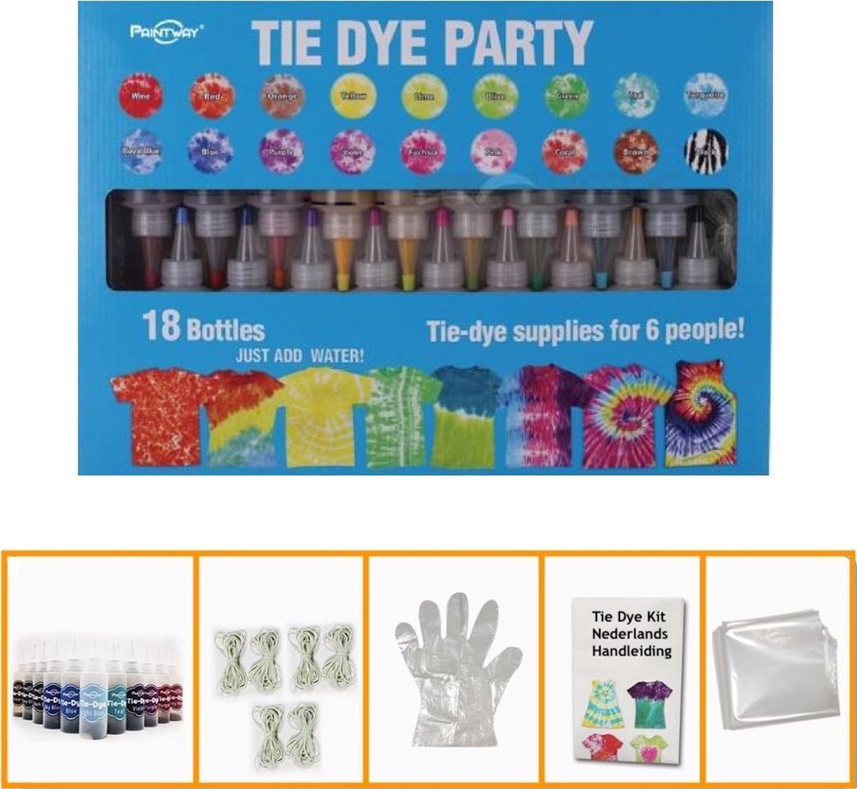 Tie Dye Kit Tiedye Verf Set Textielverf 18 Kleuren 120ml - T Shirt Tie Dye Set Incl Touw & Handschoenen – Tie Dye Paint - Kindvriendelijk - Hoge Kwaliteit - Hobbypainting.nl®