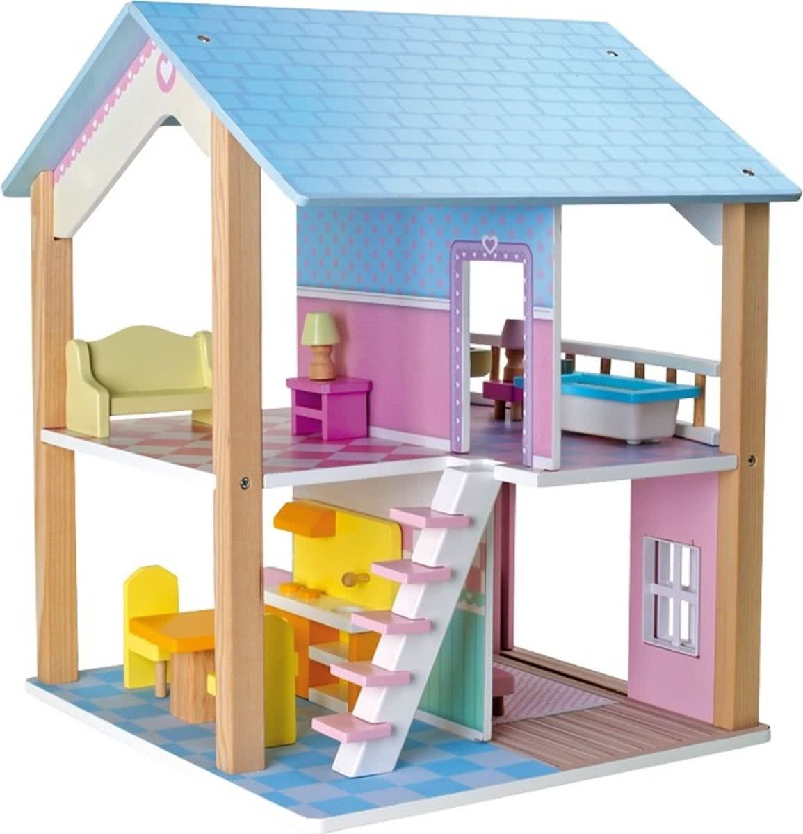 Houten poppenhuis met Blauw dak