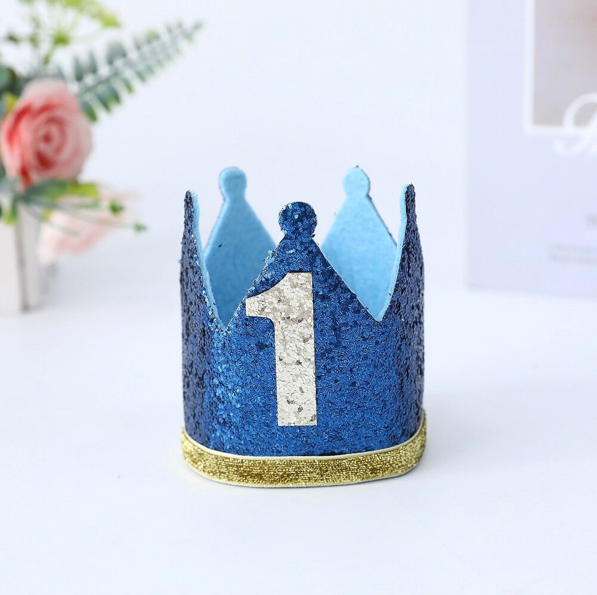 Verjaardagskroon 1 jaar - verjaardagshoed 1e verjaardag - feesthoedje baby - kroon kindje - blauw - goud