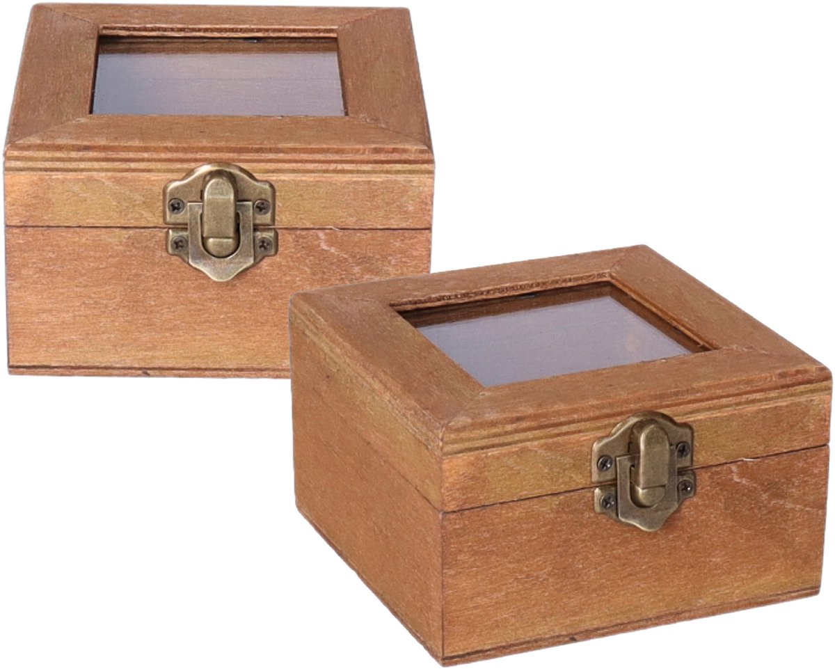 Houten opbergkistje met deksel - 2x - bruin - 10 x 10 x 6 cm - Sieraden/spulletjes/sleutels - Kleine opberg kistjes - Trouwringen doosje
