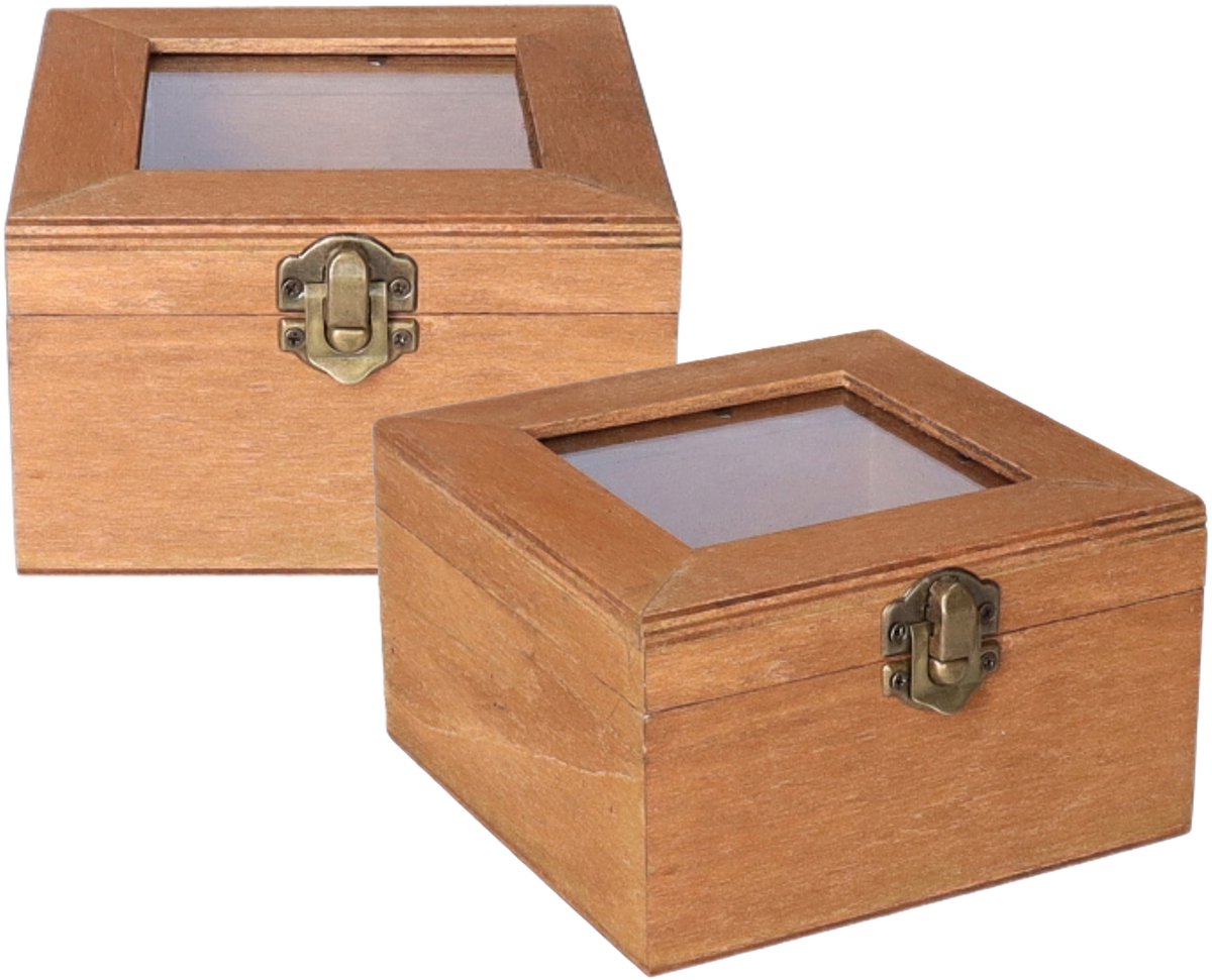Houten opbergkistje met deksel - 2x - bruin - 12 x 12 x 8 cm - Sieraden/spulletjes/sleutels - Kleine opberg kistjes