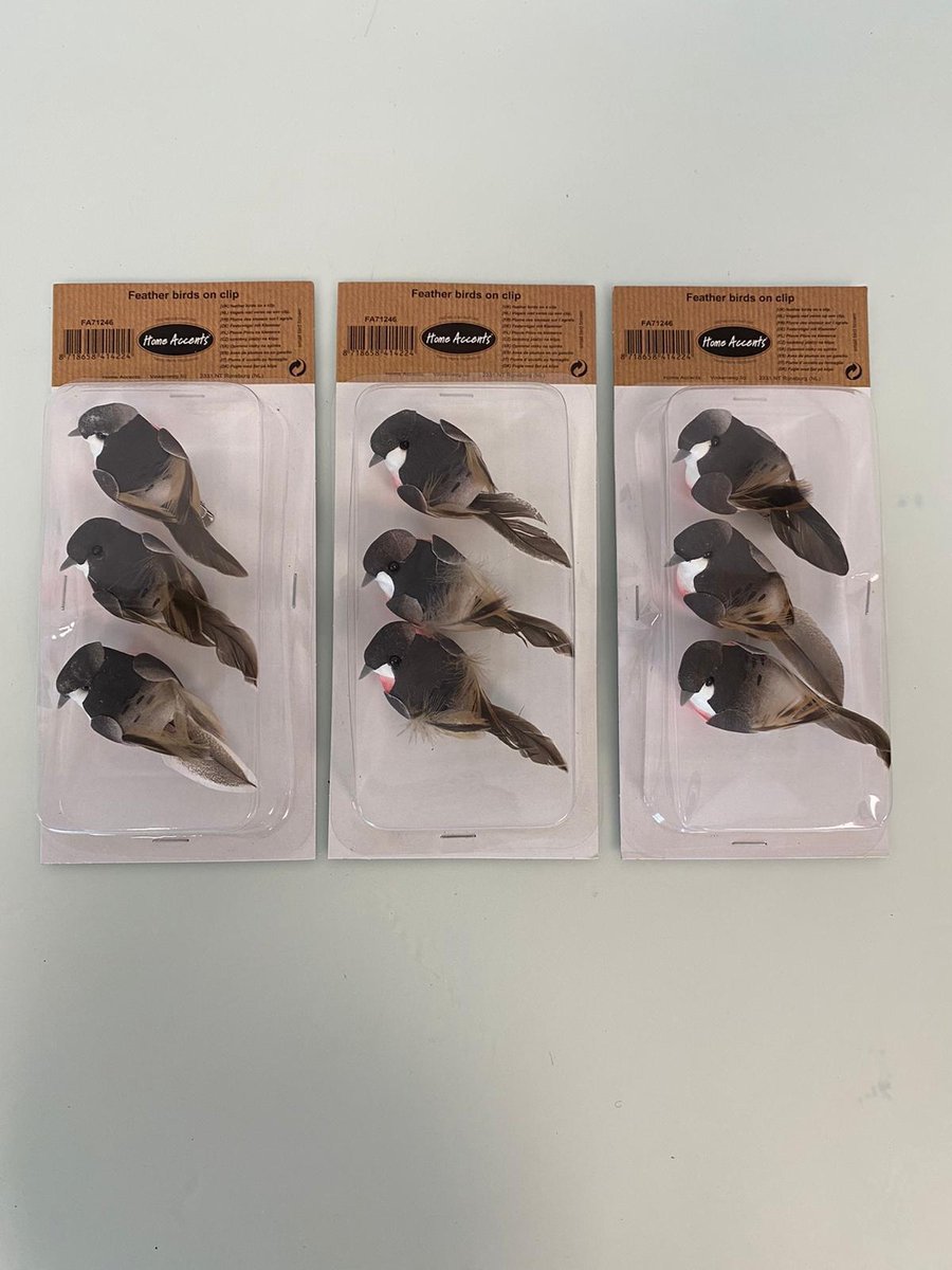 Decoratieve vogels op knijper (met veren) - set van 3 keer 3 stuks (grijs/roze/wit)