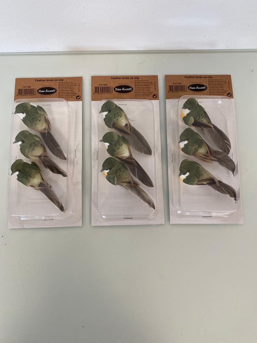 Decoratieve vogels op knijper (met veren) - set van 3 keer 3 stuks (groen/geel/wit)