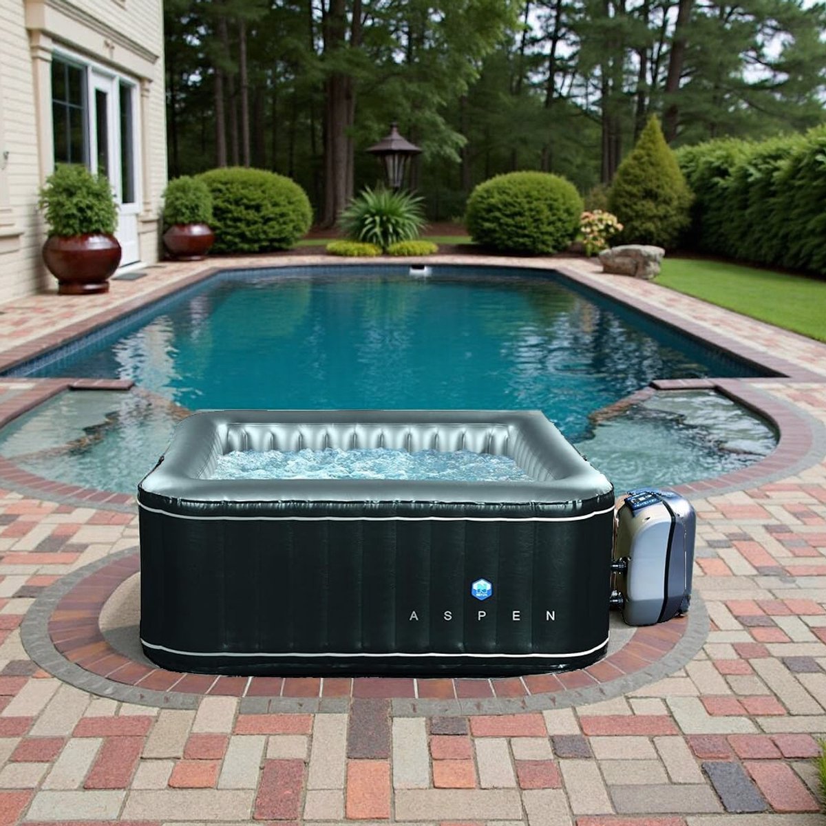 Opblaasbare Vierkante Jacuzzi voor 4 Personen – 168 x 168 cm Zelfopblazend Verwarmd Spa Bubbelbad met 110 Luchtstralen, 700L Capaciteit, Binnen & Buiten Whirlpool met Energiezuinige Verwarming  