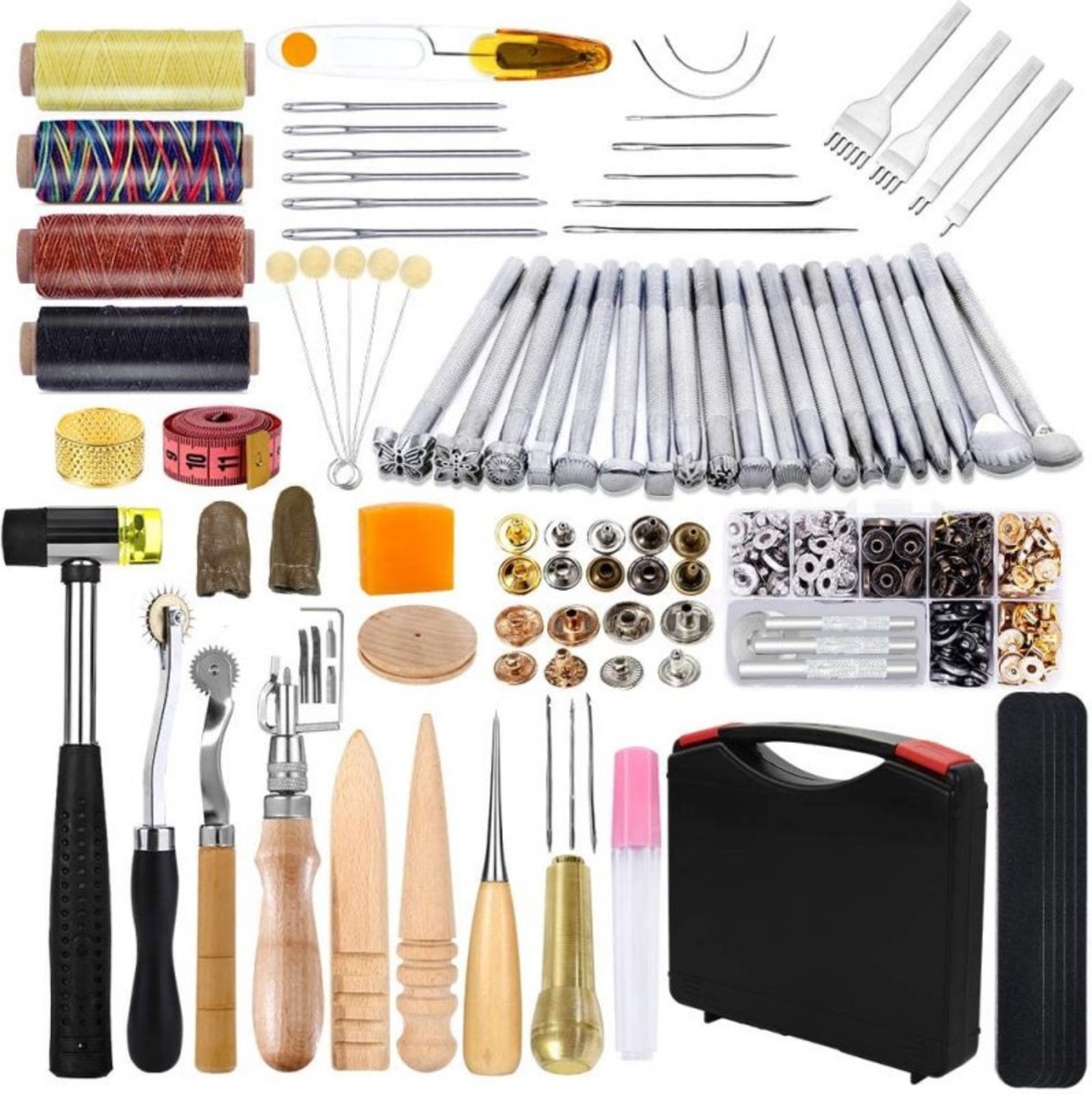 Hoobi® Leerbewerking set – Naai set – Gereedschap set – Handwerk set - Reparatie - Leernaalden – Met opbergkist - 128 stuks