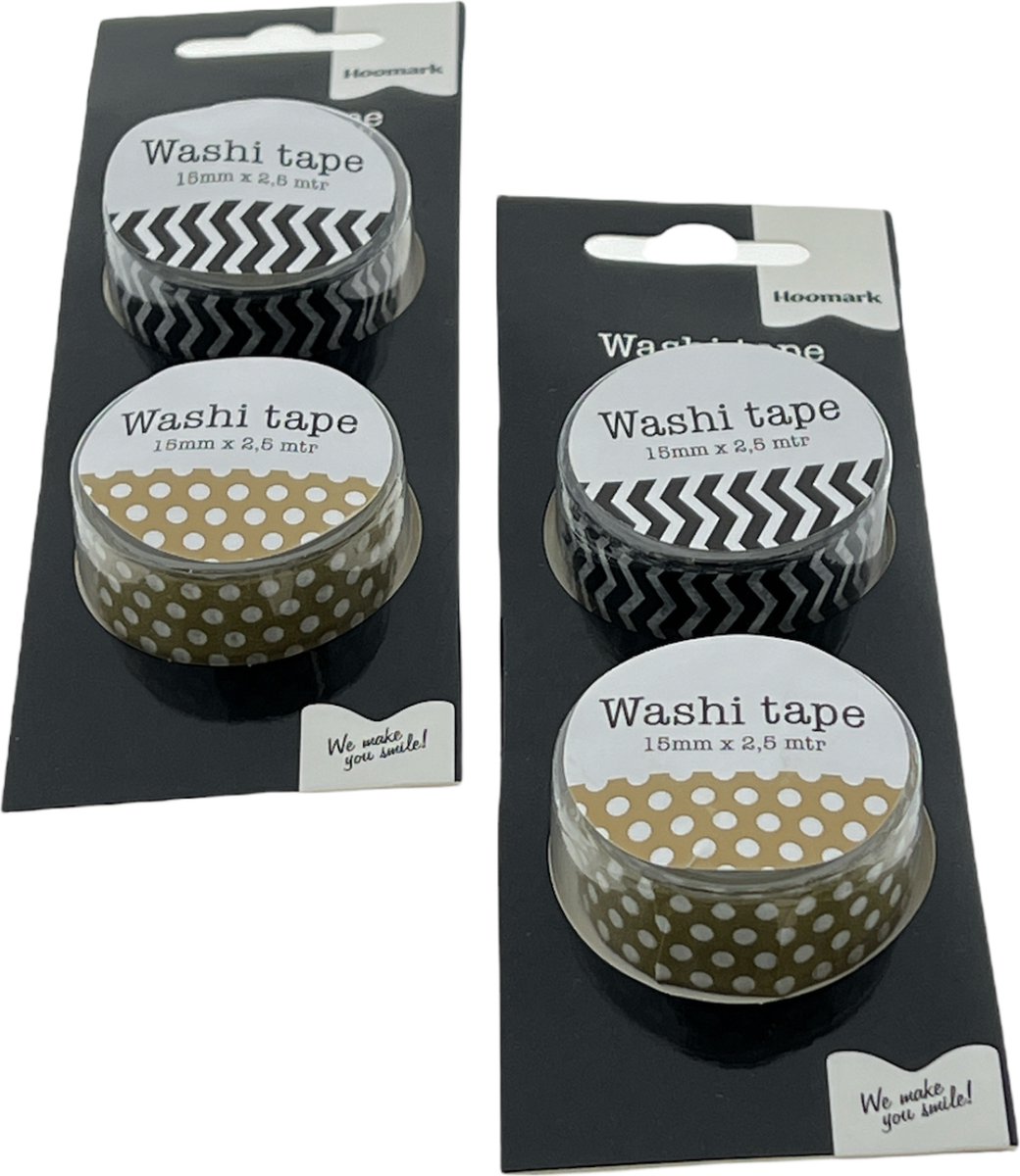 Washi Tape - Set met 4 rollen Masking Tape - 15mm x 2,5 mtr