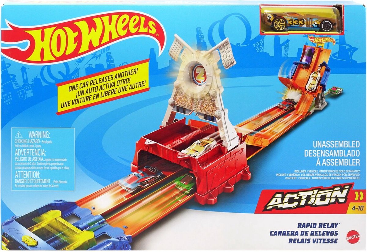 Hot Wheels Rapid Relay set - Oranje Baan - Met 1 voertuig - Looping Achtervolgingsrace