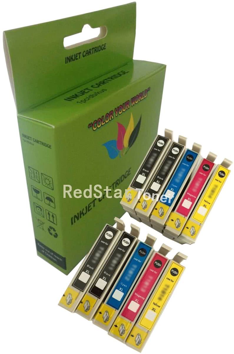 10 Pack Compatible Epson T0611/T0612/T0613/T0614 BK*4/C*2/M*2/Y*2 inktcartridges, 10 pak met chip. 4 Zwart, 2 Cyaan, 2 Magenta, 2 Geel.