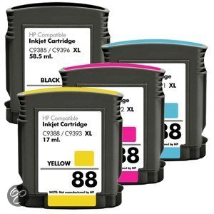 Merkloos   Inktcartridge / Alternatief voor de HP 88 XL 4 stuks zwart C9396AE cyaan C9391AE magenta C9392AA geel C9393AE voordeelset inktmedia huismerk Cartridge