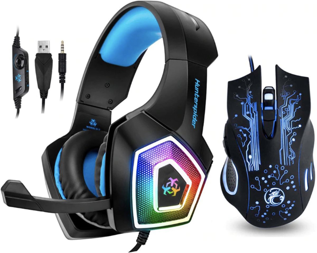 Hunterspider V1 Gaming Headset + Gaming Muis -  Met microfoon en RGB LED licht  - PS4, Xbox & PC - Stereo Bass