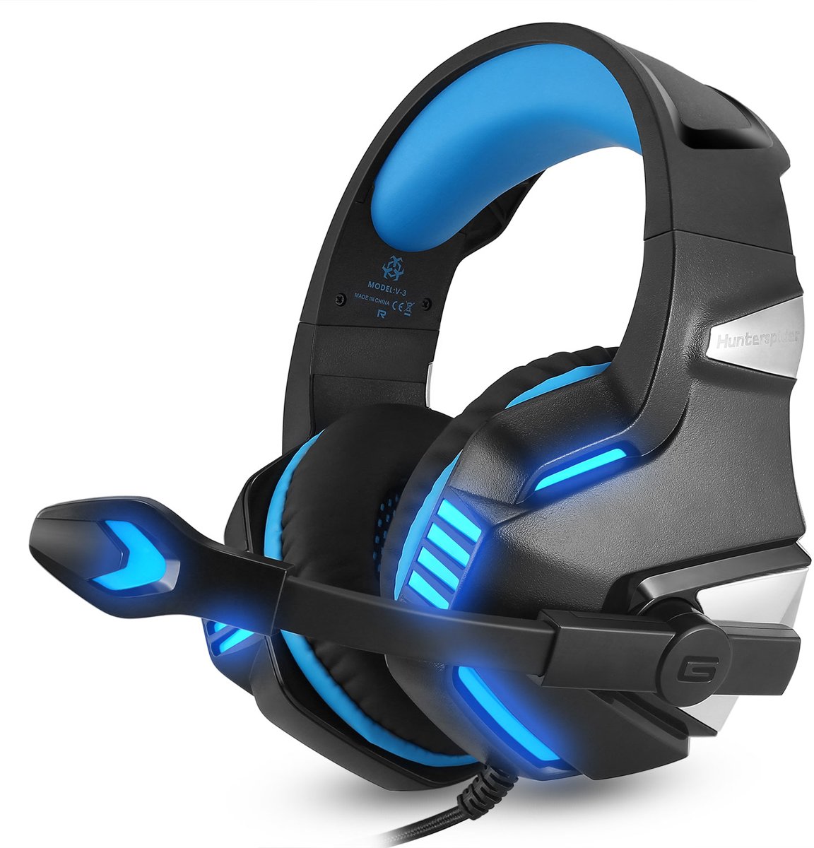 Hunterspider V3 Over-ear Game Hoofdtelefoon Gaming Headset Koptelefoon Headband met Mic Stereo Bass LED licht voor PC and Laptops Nintendo Switch PS4 Xbox One (Zwart-Blauw)