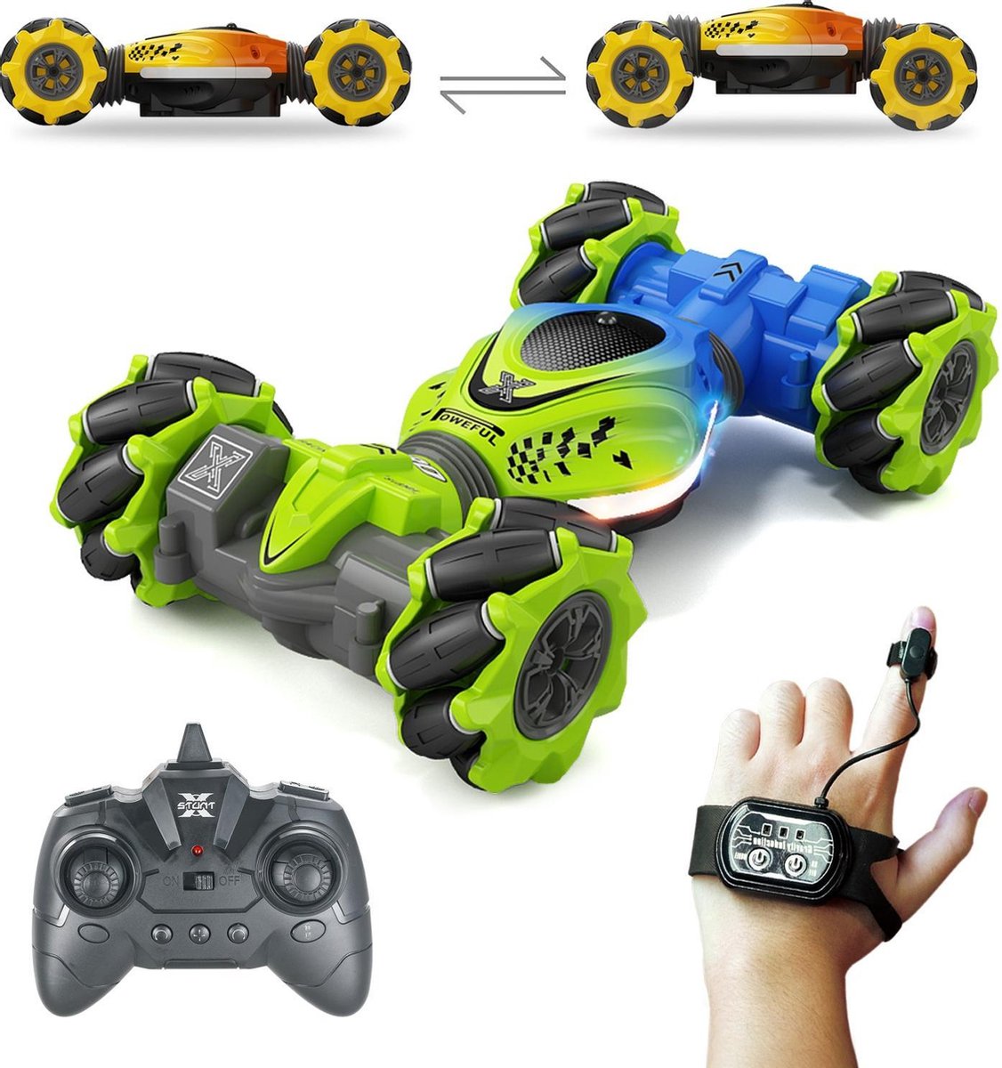 Huntex RC 4WD Twist / Stunt Car - Gratis EXTRA Accu - Groen/Blauw - Transformerende Auto - Afstand bestuurbare auto - RC Auto Offroad - Volwassenen -