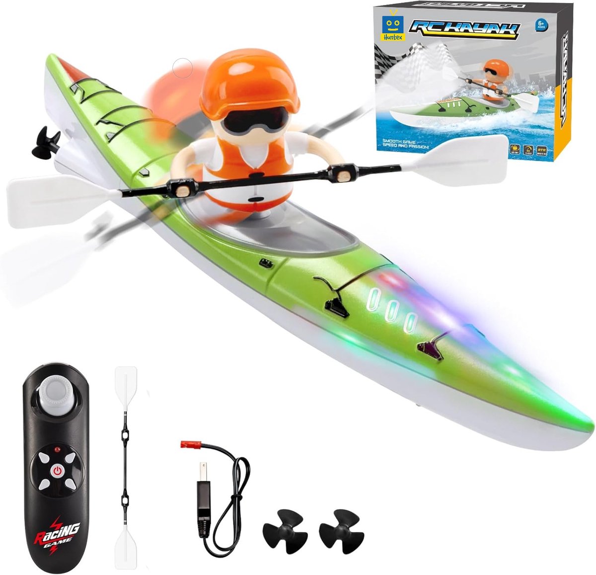 Huntex RC Kajak Boot – Op Afstand Bestuurbaar Water Speelgoed – Groen - LED Verlichting – Inclusief Batterijen & Extra Propellers – Kinderboot 6-12 Jaar Cadeau