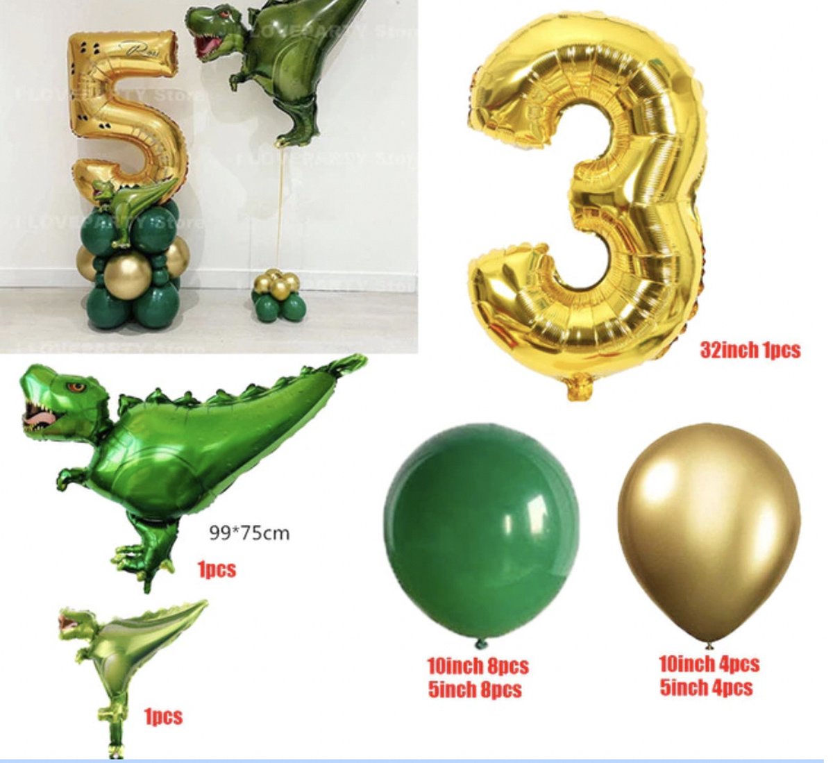 Dinosaurus Verjaardag Ballonnen - Leeftijd: 3 jaar - Dino Ballonnen Set - Feestpakket / Verjaardag Versiering - Feestversiering Thema: Dino - Themafeest - Kinder Verjaardag - Ballonnen / Folieballon / Heliumballon / Leeftijdballon