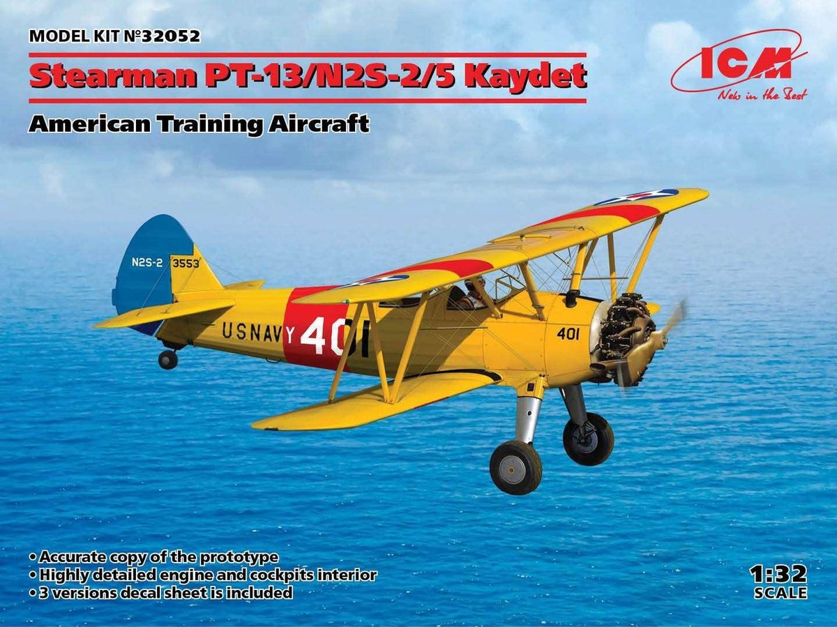 1:32 ICM 32052 Stearman PT-13/N2S-2/5 Kaydet, American Training Aircraft Plastic kit