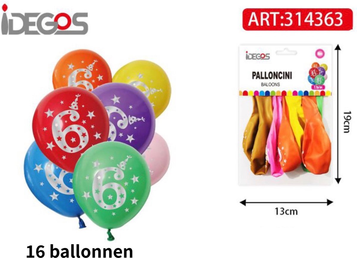 IDEGOS Ballonnen set - 16 stuks - Ballonnen - Ronde Ballonnen - Feestversiering decoratie - Kinderfeestje - Verjaardag - Cijfer 6