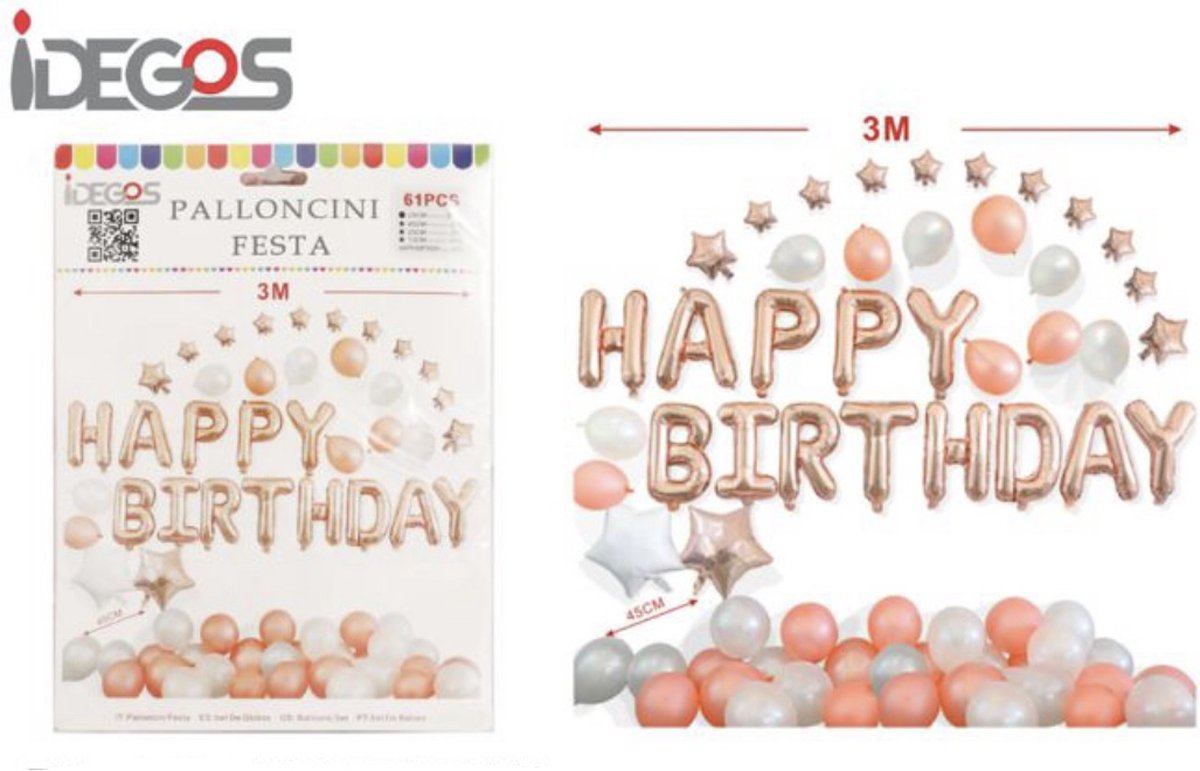 IDEGOS Ballonnen set - 61 stuks - Happy Birthday ballonnen - Rosé Goud - Folieballon - Sterren ballonnen - Ronde Ballonnen - Feestversiering decoratie - Kinderfeestje - Verjaardag - Tekst