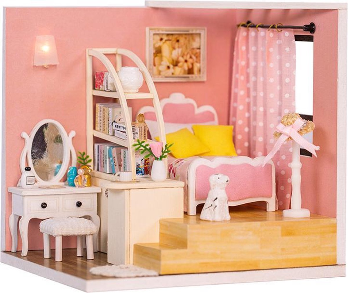 DIY Roze slaapkamer poppenhuis met LED - Dollhouse - Miniatuur hobby bouwpakket