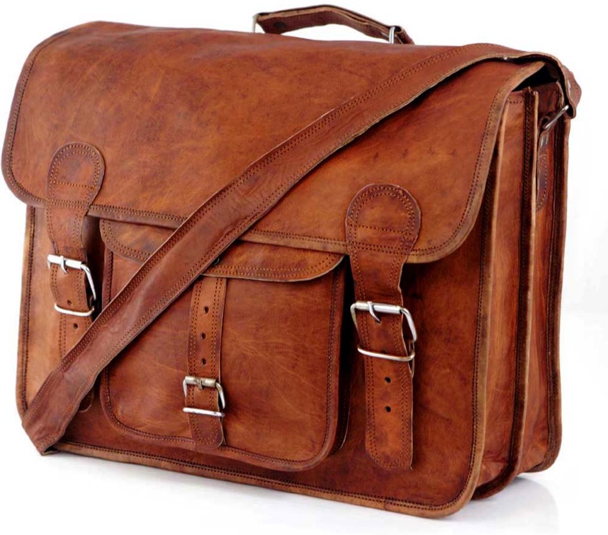 Laptoptas 16 ‘’ – Vintage Look Messengertas Granada -  Terracotta-Cognac Leer - ECHTE LEDER Boekentas - Schoudertas  A4 + Kadoverpakking GRATIS bij !