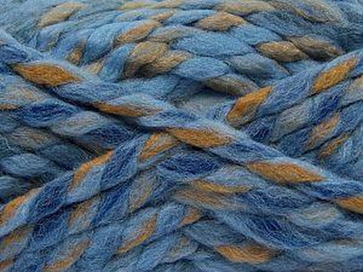 Breiwol dik blauw, wit, camel tinten kleurenmix gemeleerd – breien of haken met dikke brei wol 25% gemengd met 75% acryl garen – breinaalden dikte 10/12 mm – self striping knitting yarn breigaren pakket 4 bollen 100gram