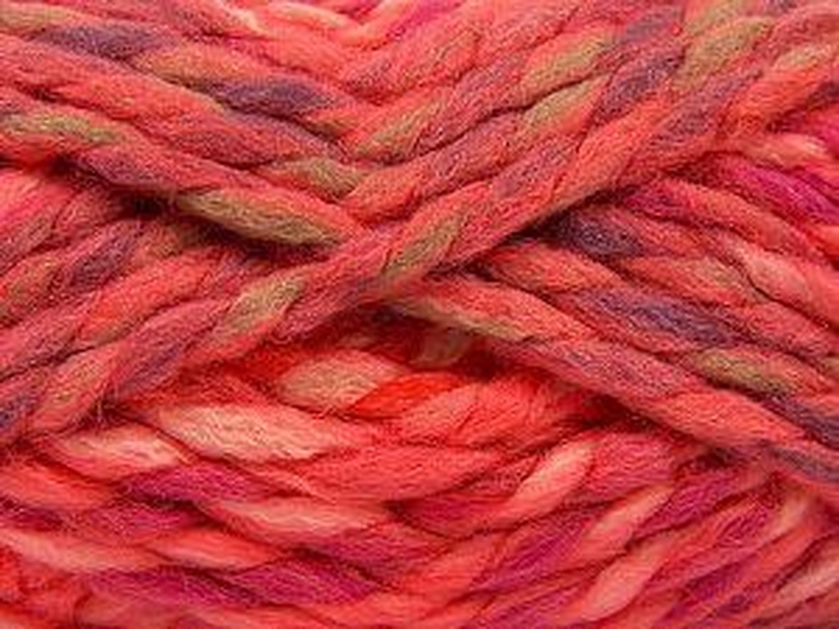 Dik breiwol kopen lila, camel en zalm tinten kleurenmix gemeleerd – breien of haken met dikke brei wol 25% gemengd met 75% acryl garen – breinaalden dikte 10/12 mm – self striping knitting yarn breigaren pakket 4 bollen 100gram