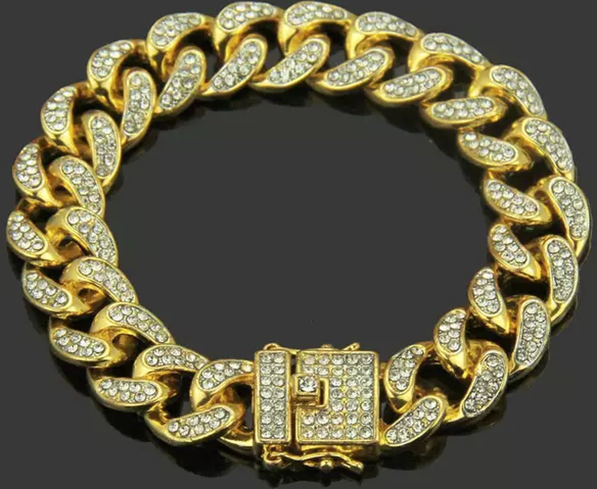 Iced Out - Cuban - Armband 14mm breed - 8 Inch Lang - 14 Karaat Verguld Goud