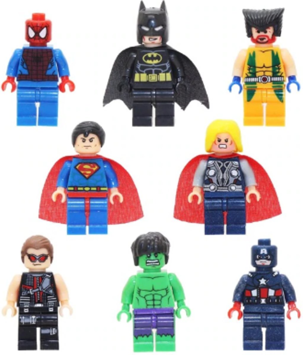 Avengers poppetjes - marvel actiefiguren - lego - set van 8 x minifiguur - hulk - captain america - thor - batman - superman - superhelden poppetjes - Iconproduct