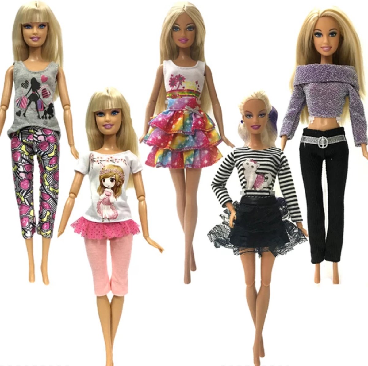 Barbiekleding - 5 fashion outfits voor modepoppen - poppenkleding - barbiepoppen - barbie jurken, rokjes, leggings