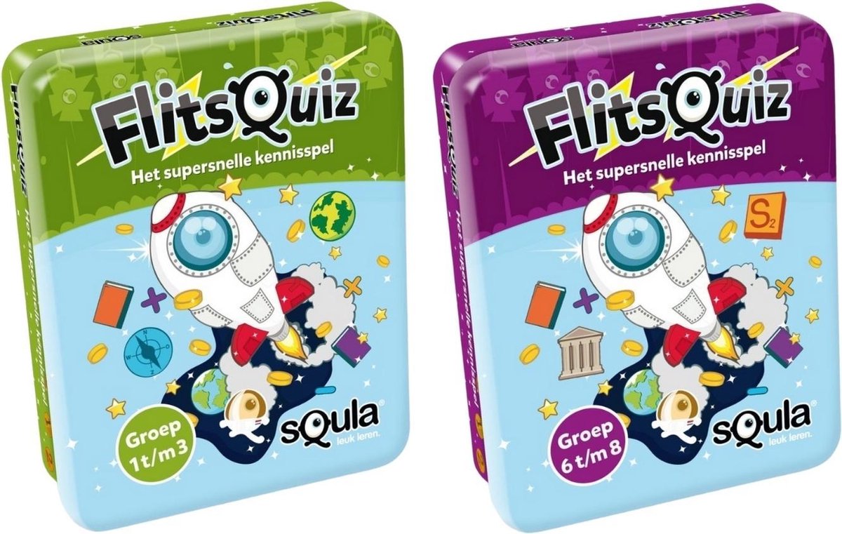 Educatieve spellenbundel - Squla - 2 stuks - Flitsquiz Groep 1 2 3 & 6 7 8 - Kaartspel