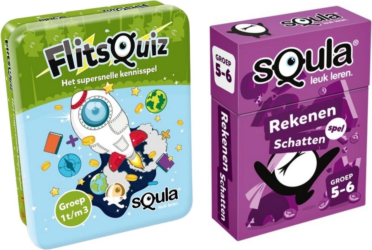 Educatieve spellenbundel - Squla - 2 stuks - Flitsquiz Groep 1 2 3 & Rekenen Kaartspel (Groep 4&5)