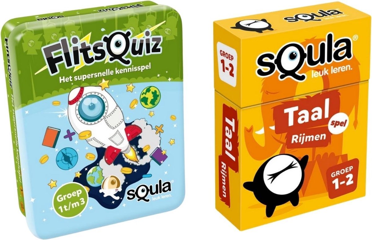 Educatieve spellenbundel - Squla - 2 stuks - Flitsquiz Groep 1 2 3 & Taal Kaartspel (groep 1&2)